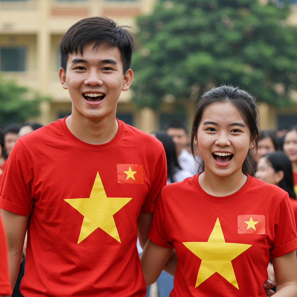 bạn nam & nữ học sinh mặc áo cờ đỏ sao vàng Việt Nam - xưởng may đồng phục doanh nghiệp Fima
