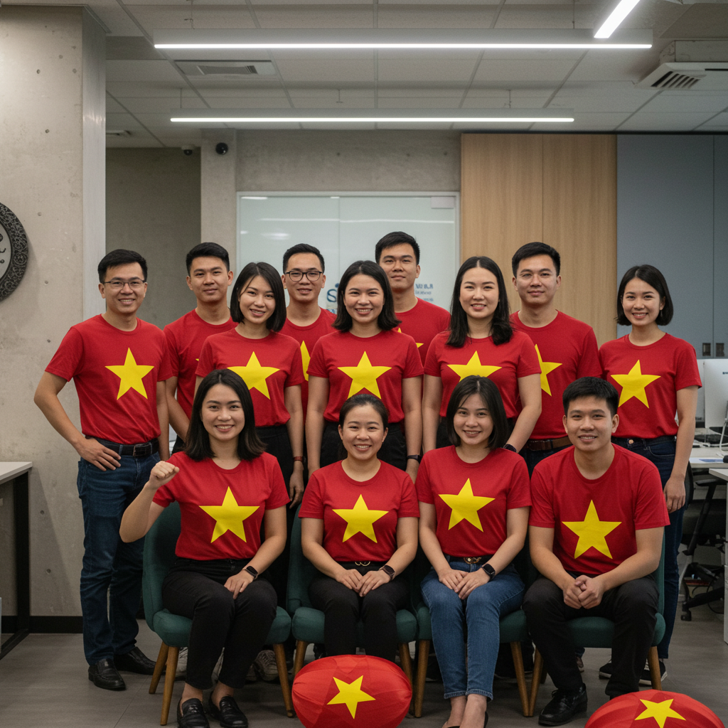 team văn phòng mặc áo cờ đỏ sao vàng việt nam - xưởng may đồng phục doanh nghiệp fima